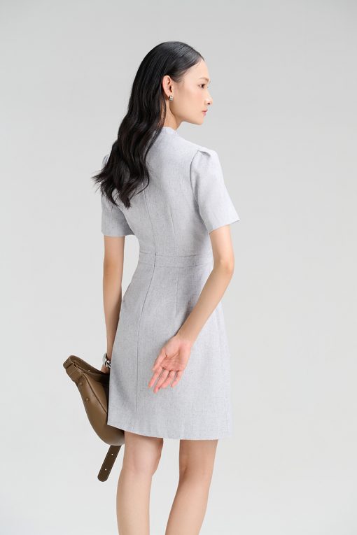 Đầm A cổ buộc nơ, túi ốp có nắp