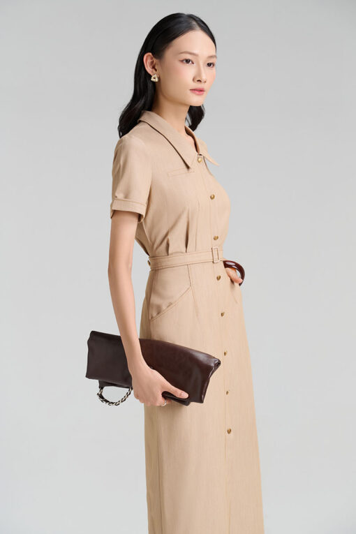 Đầm ôm diễu chỉ, nẹp đính cúc đai eo