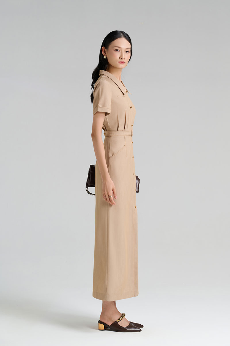 Đầm ôm diễu chỉ, nẹp đính cúc đai eo