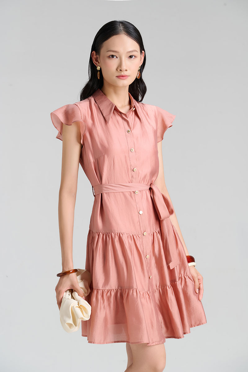 Đầm suông nhún 2 tầng eo buộc dây