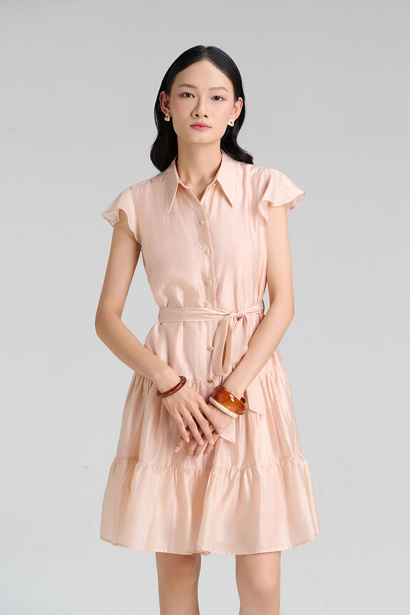 Đầm suông nhún 2 tầng eo buộc dây