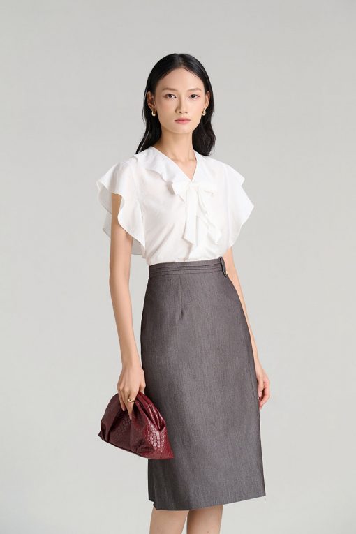 Sơ mi CT cổ V đính nơ kẹp bèo