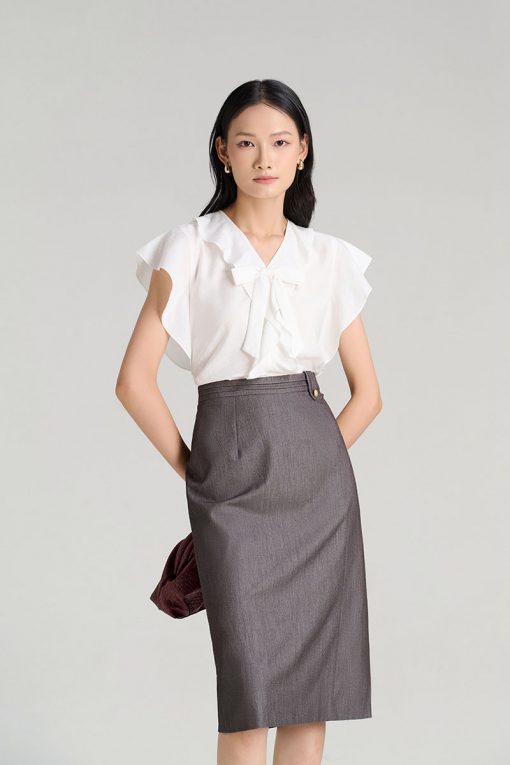 Sơ mi CT cổ V đính nơ kẹp bèo