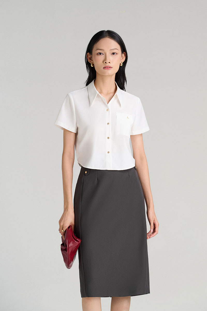 Sơ mi CT croptop túi ốp xếp đính cúc