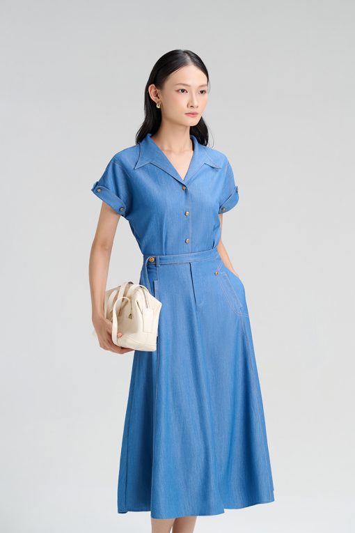 Sơ mi CT tay lật đính cúc, lá cổ cách điệu