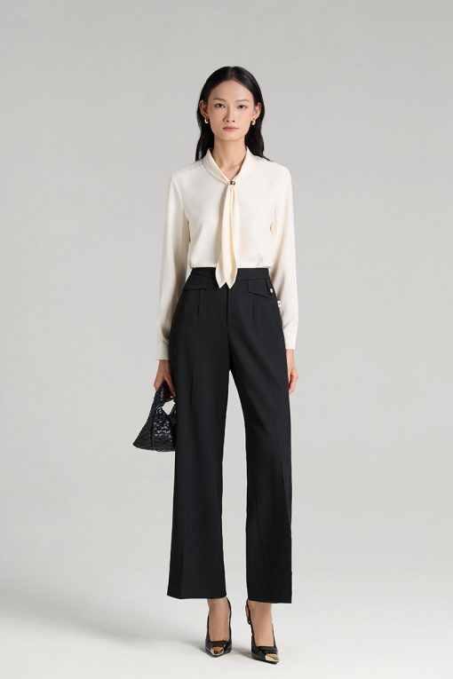 Sơ mi DT cổ luồn nơ đính cúc trang trí