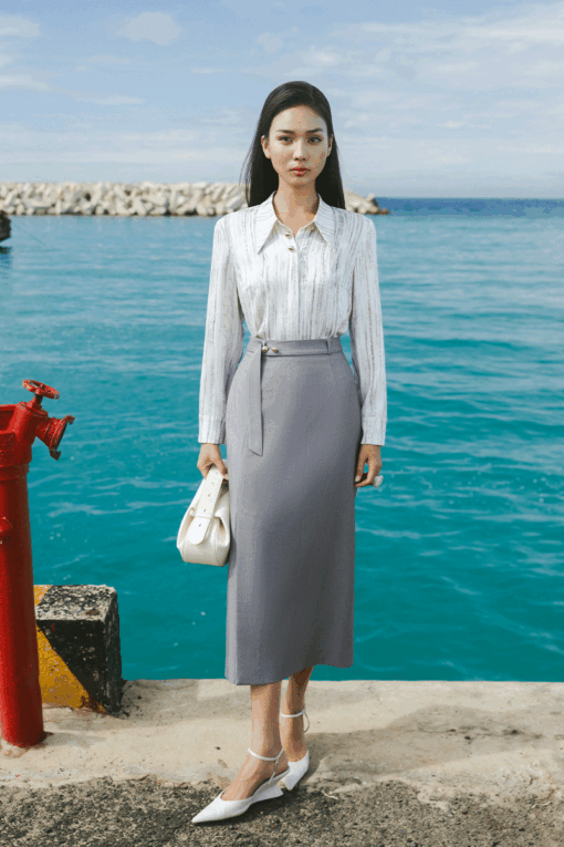 Chân váy dài đai rơi đính cúc