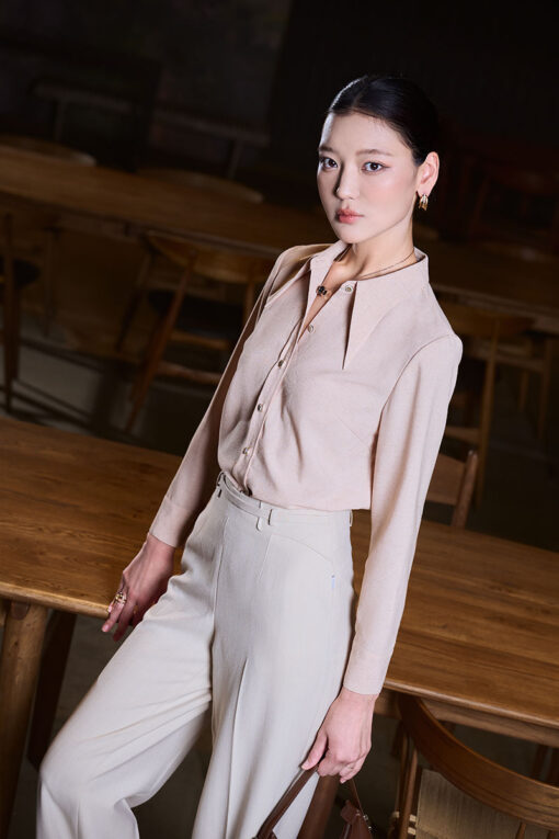 Sơ mi DT lá cổ nhọn dài nẹp bong