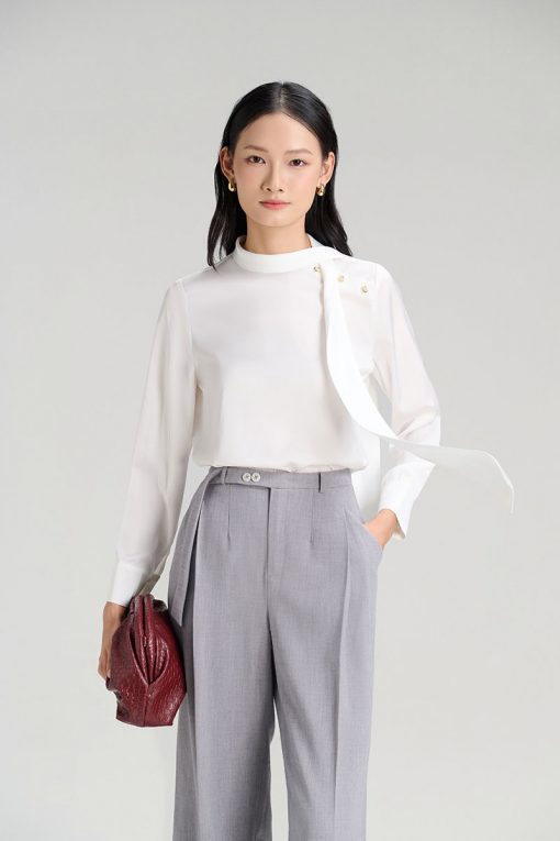 Sơ mi DT mở cúc vải, cổ buộc nơ