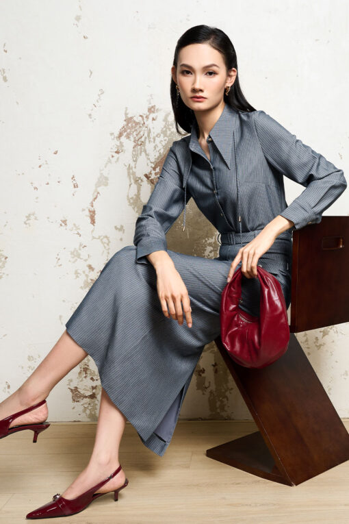 Sơ mi kẻ DT lá cổ nhọn kèm dây