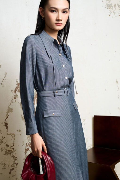 Sơ mi kẻ DT lá cổ nhọn kèm dây