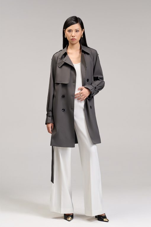 Áo khoác kaki dáng lửng tay raclang eo buộc đai