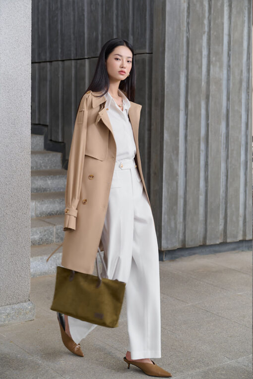 Áo khoác kaki dáng lửng tay raclang eo buộc đai