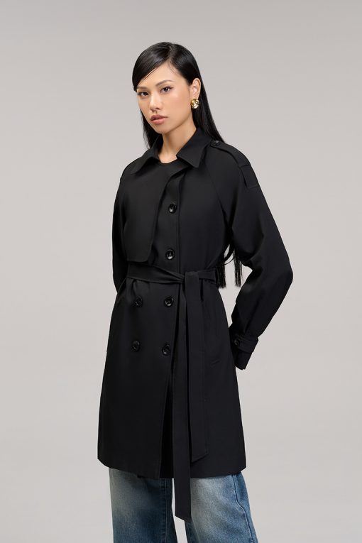 Áo khoác kaki dáng lửng tay raclang eo buộc đai