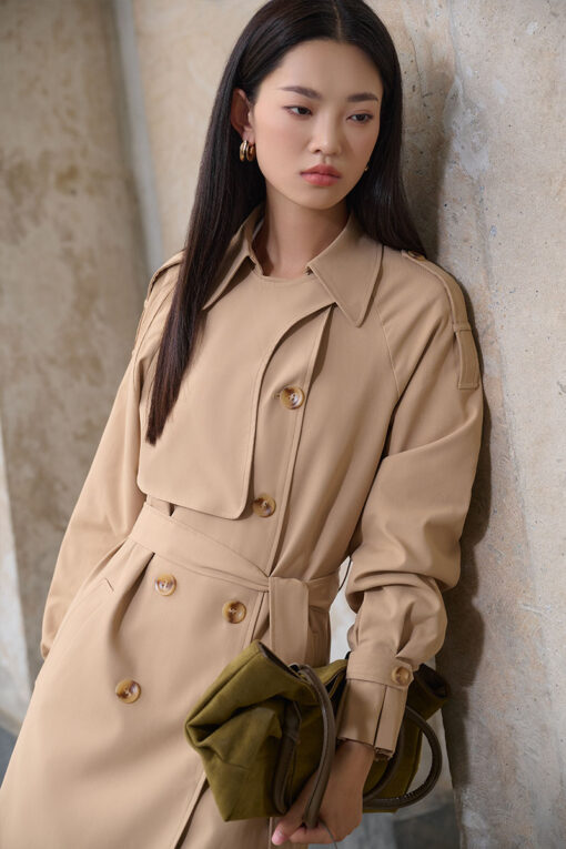 Áo khoác kaki dáng lửng tay raclang eo buộc đai