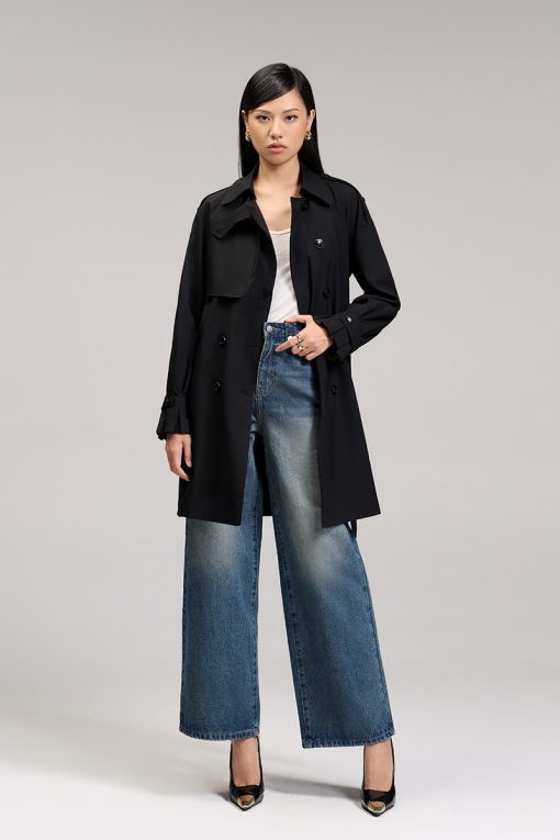 Áo khoác kaki dáng lửng tay raclang eo buộc đai