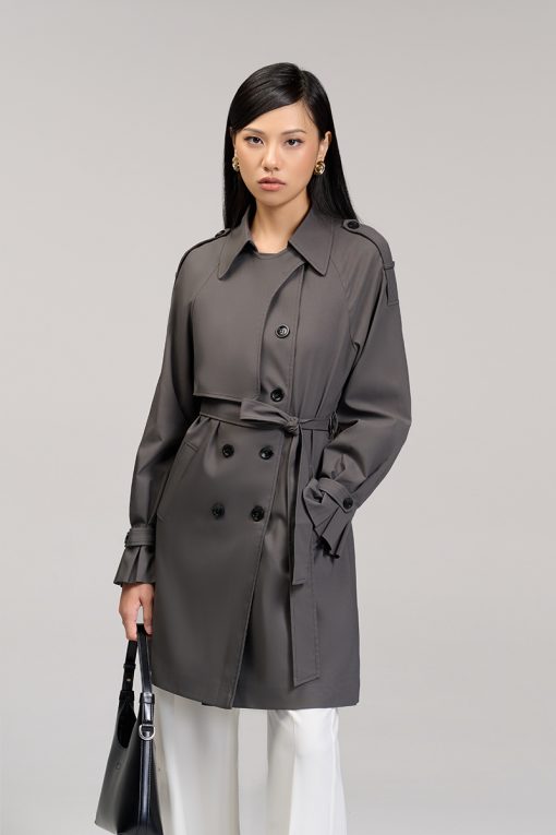 Áo khoác kaki dáng lửng tay raclang eo buộc đai