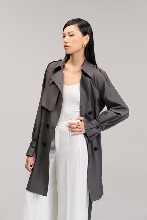 Áo khoác kaki dáng lửng tay raclang eo buộc đai