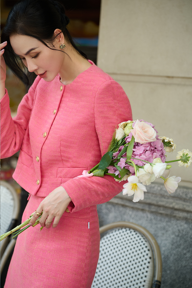 Áo khoác tweed croptop bổ cơi giả túi