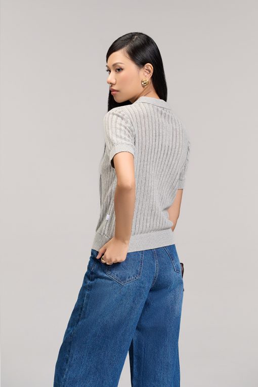 Áo len CT dệt kẻ lỗ, bo gấu