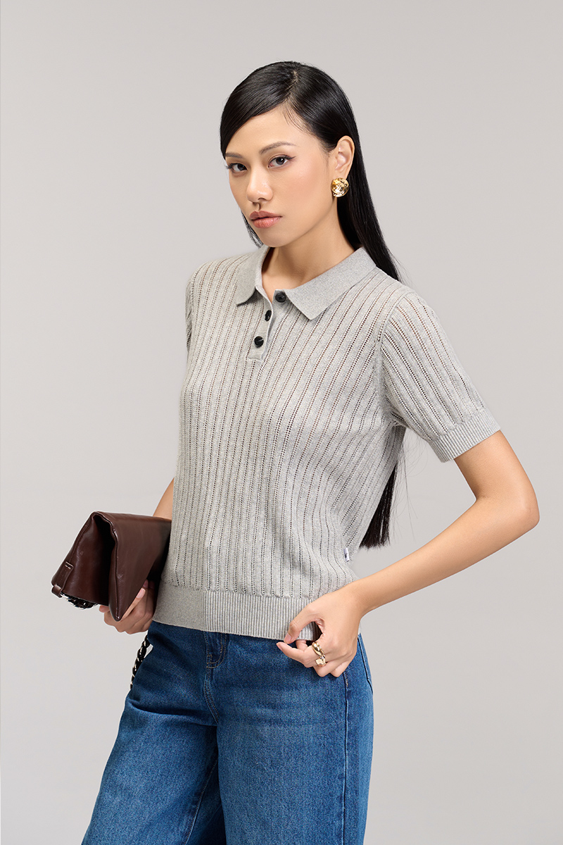 Áo len CT dệt kẻ lỗ, bo gấu