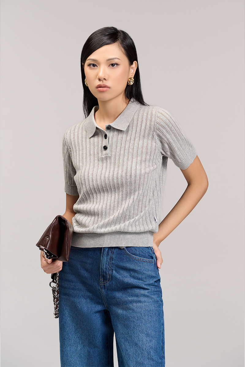 Áo len CT dệt kẻ lỗ, bo gấu