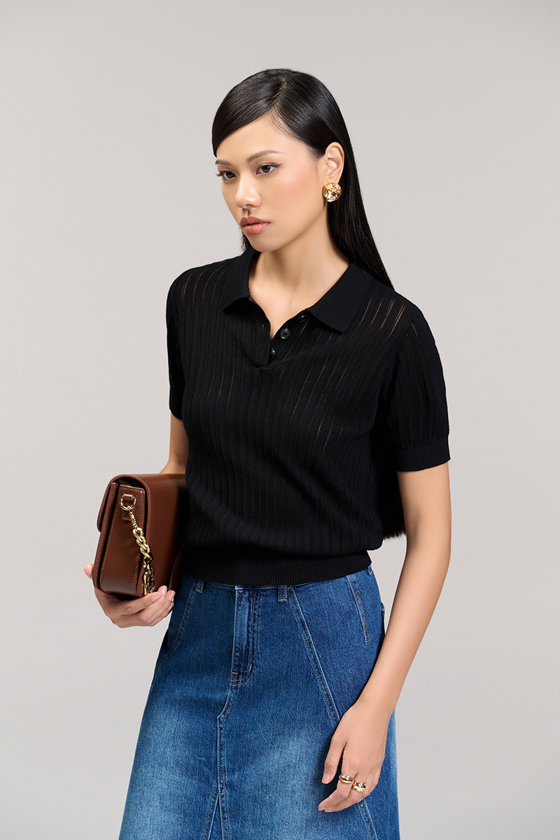 Áo len CT dệt kẻ lỗ, bo gấu