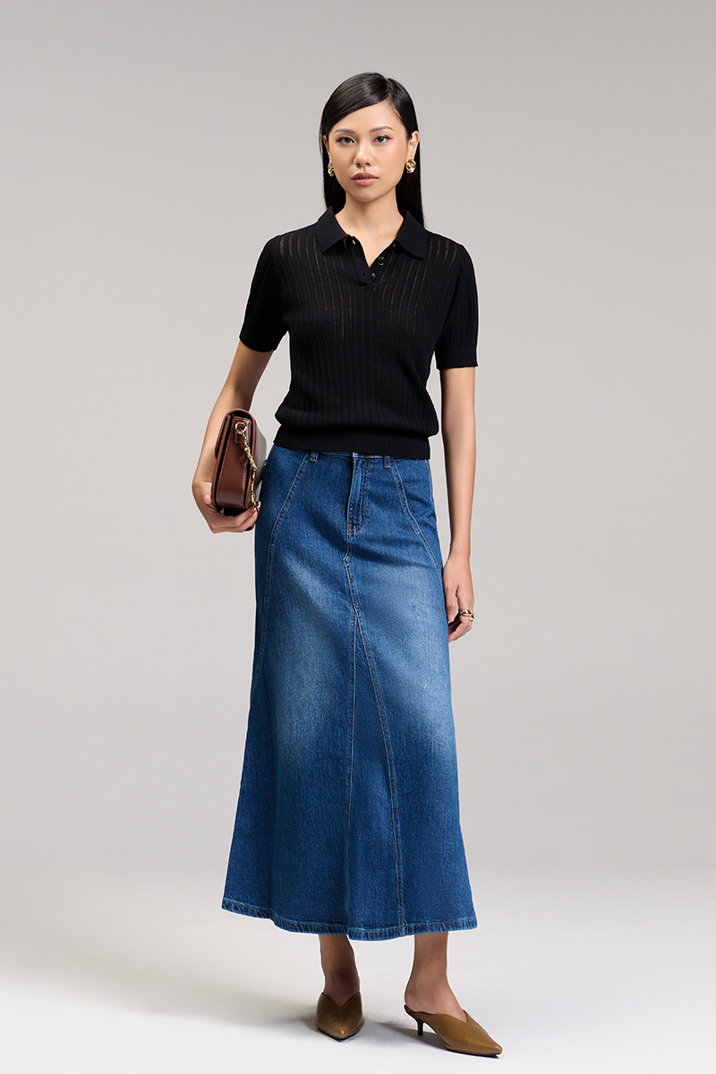 Áo len CT dệt kẻ lỗ, bo gấu