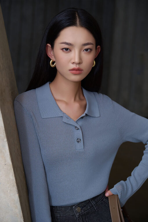 Áo len DT dệt lỗ cổ bẻ trụ 3 cúc