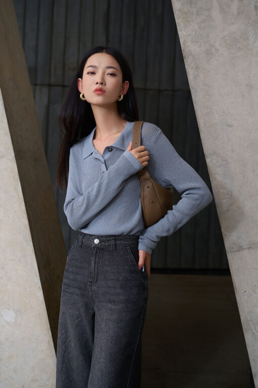 Áo len DT dệt lỗ cổ bẻ trụ 3 cúc