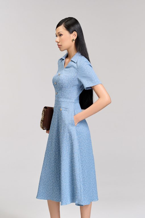 Đầm xoè cổ không chân mở V cá cơi đính cúc