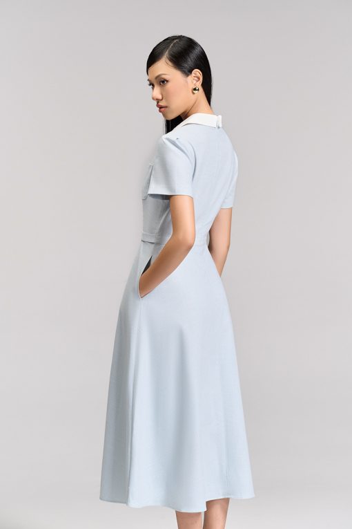 Đầm xoè túi ốp lá cổ vát phối