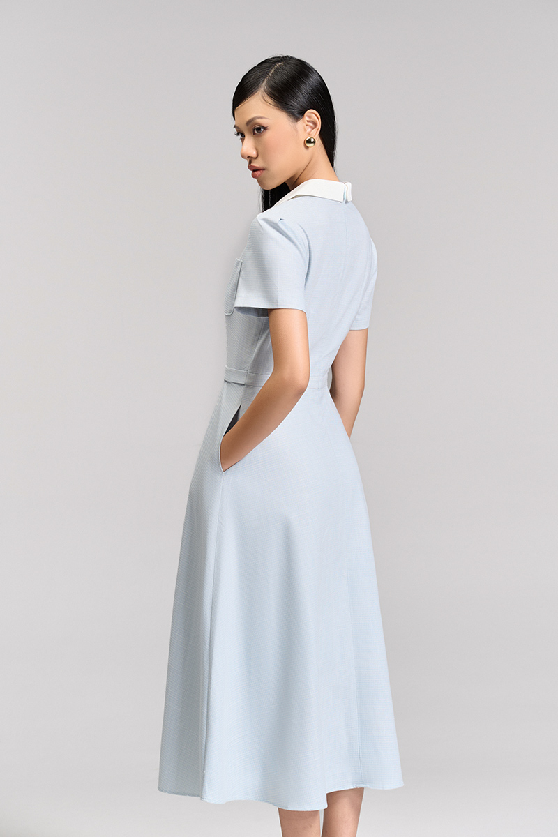 Đầm xoè túi ốp lá cổ vát phối