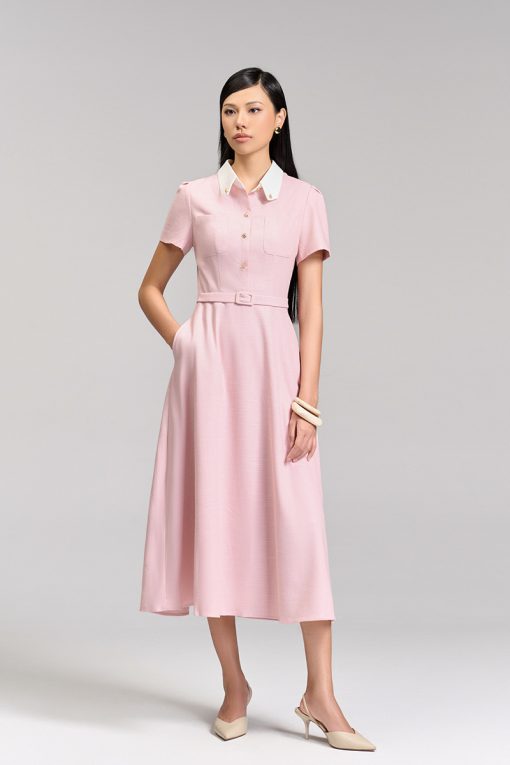 Đầm xoè túi ốp lá cổ vát phối