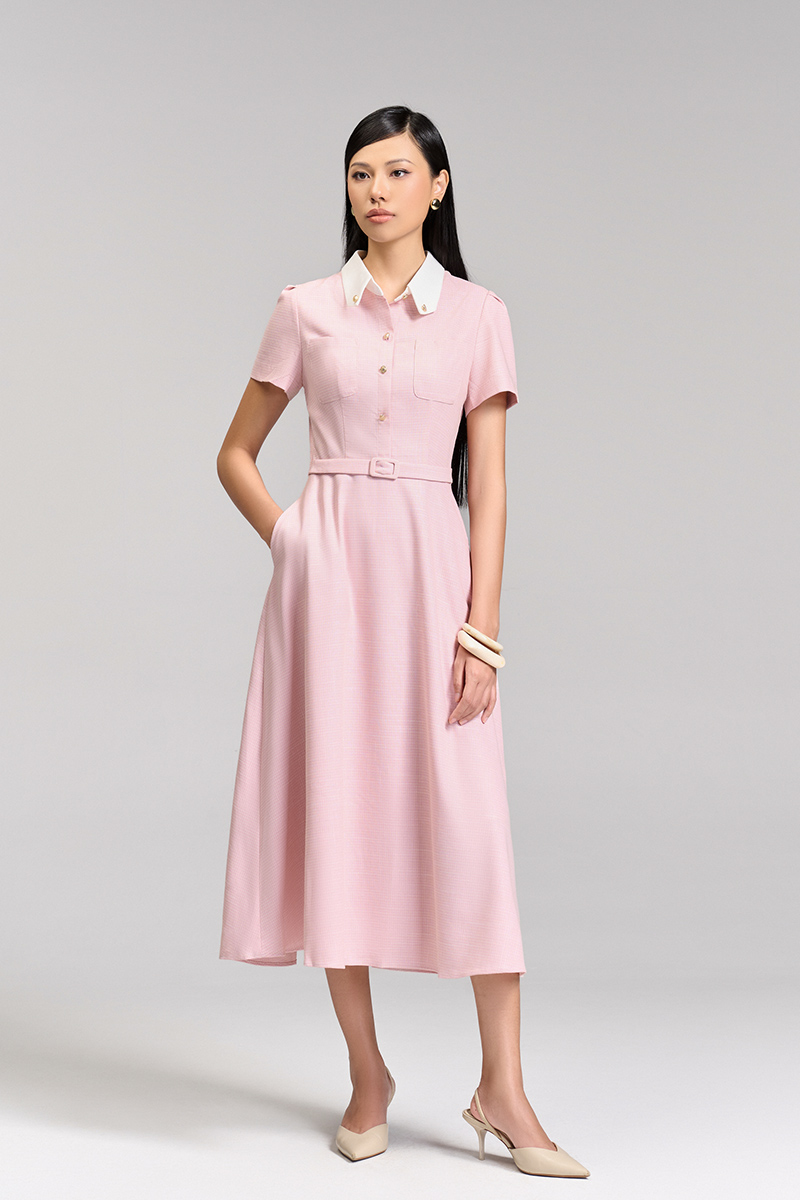 Đầm xoè túi ốp lá cổ vát phối