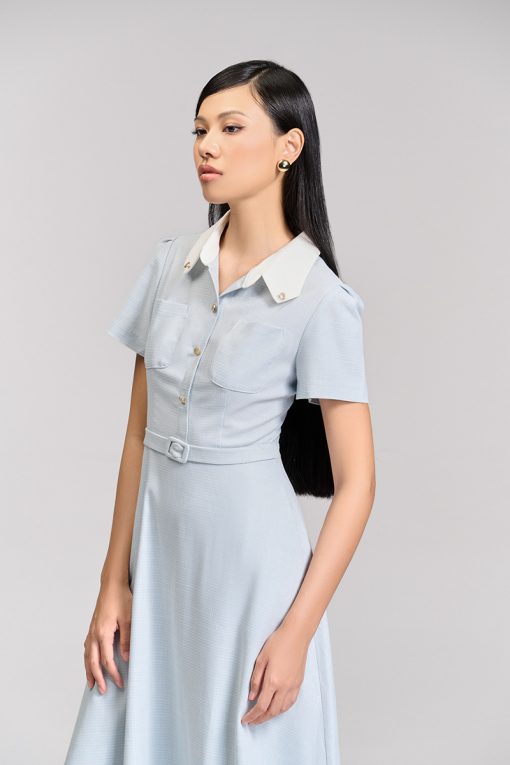 Đầm xoè túi ốp lá cổ vát phối