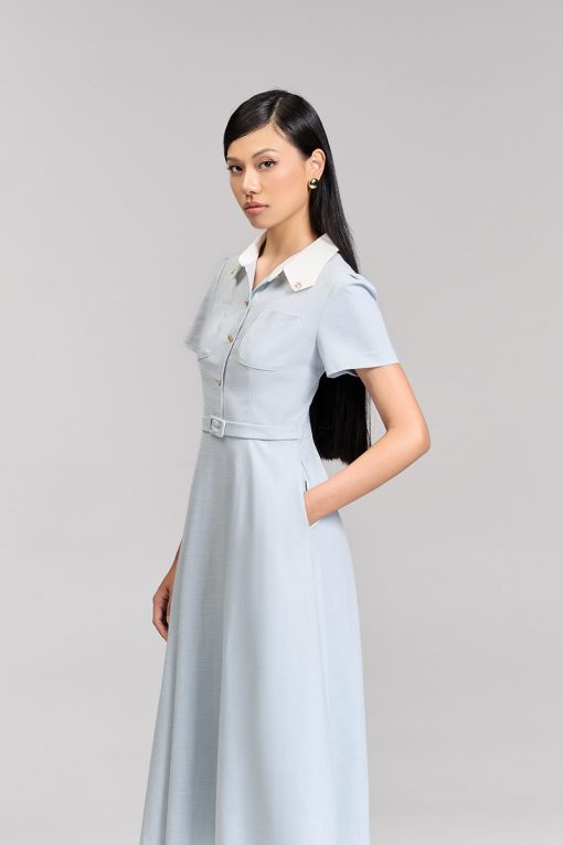 Đầm xoè túi ốp lá cổ vát phối