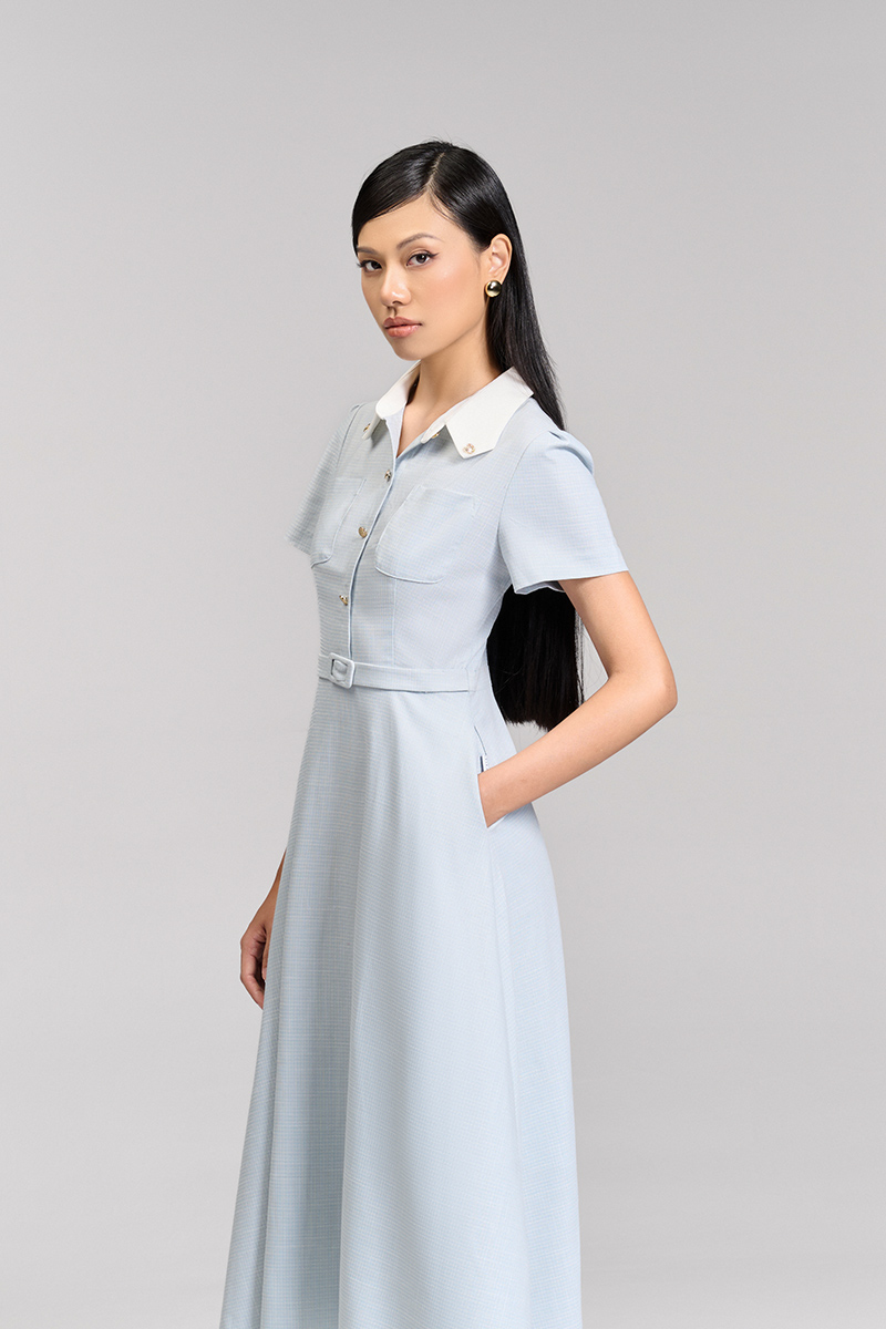 Đầm xoè túi ốp lá cổ vát phối