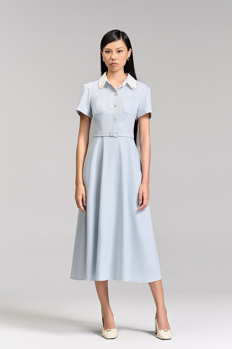 Đầm xoè túi ốp lá cổ vát phối