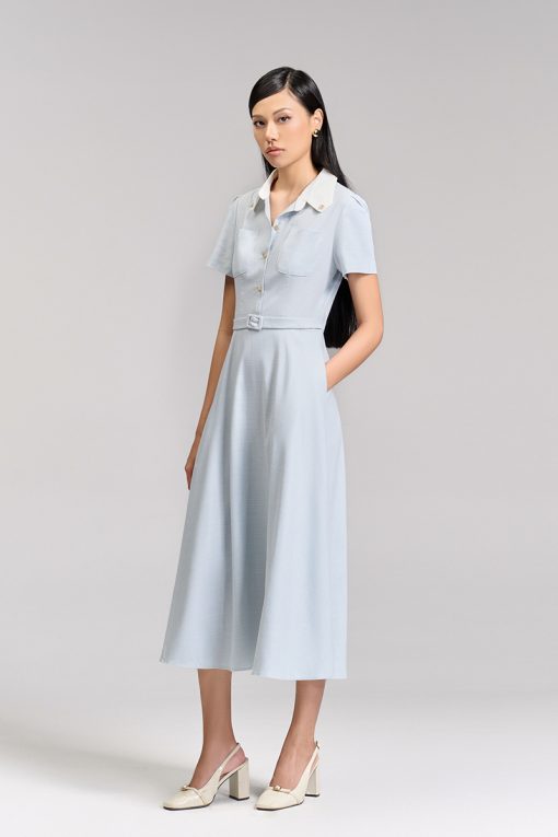 Đầm xoè túi ốp lá cổ vát phối