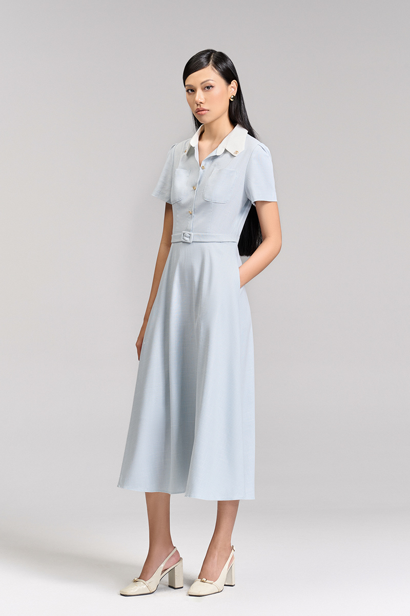 Đầm xoè túi ốp lá cổ vát phối