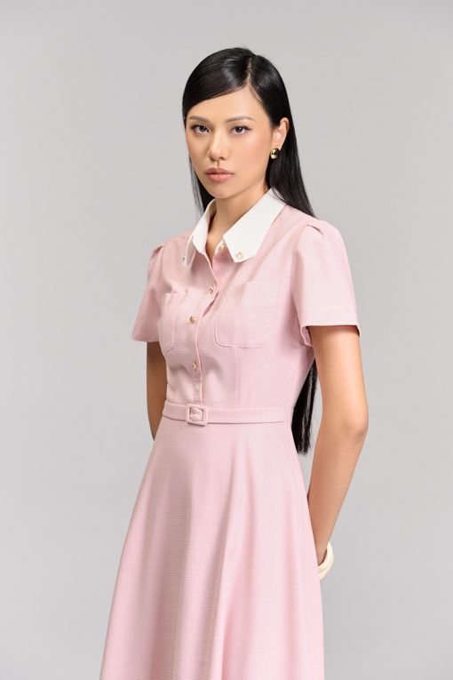 Đầm xoè túi ốp lá cổ vát phối