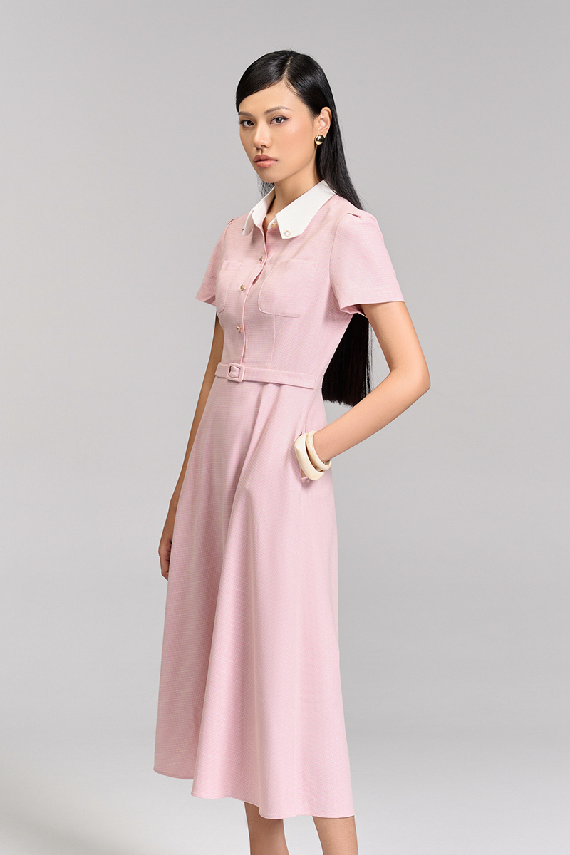 Đầm xoè túi ốp lá cổ vát phối