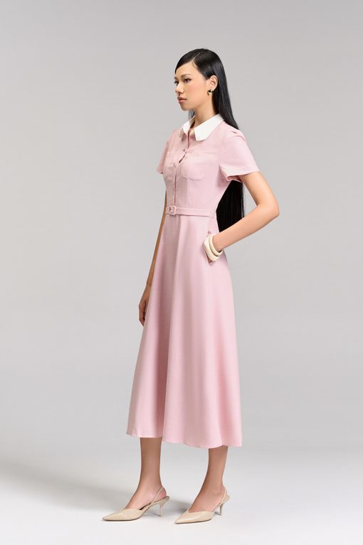 Đầm xoè túi ốp lá cổ vát phối