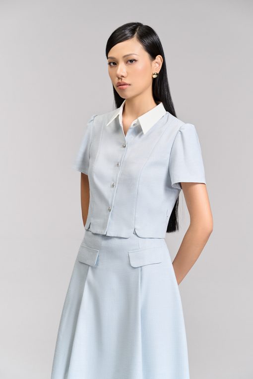 Sơ mi CT croptop xẻ gấu phối cổ