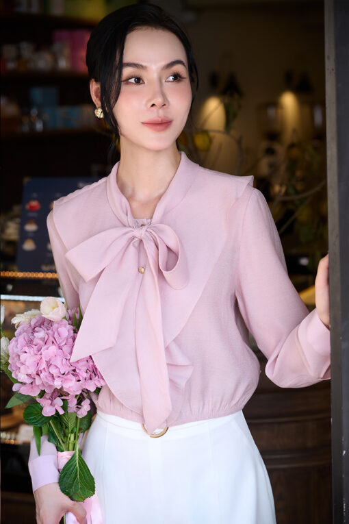 Sơ mi DT chun gấu cổ bèo to buộc nơ