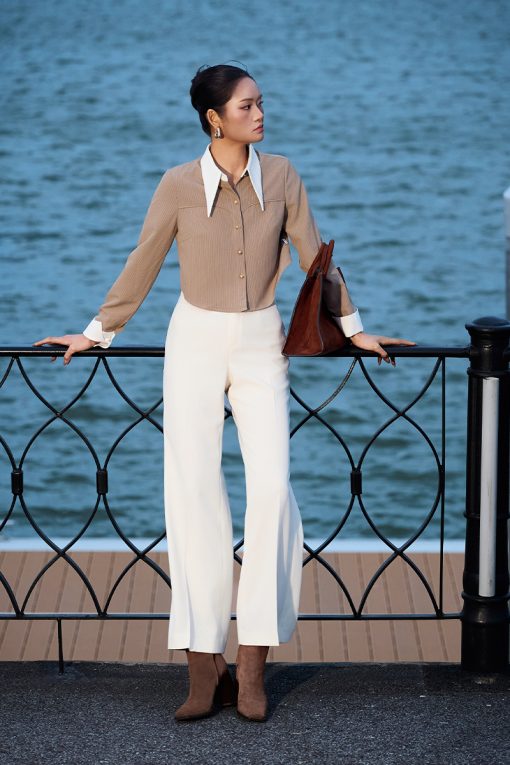 Sơ mi DT croptop kẻ can ngực, cổ phối