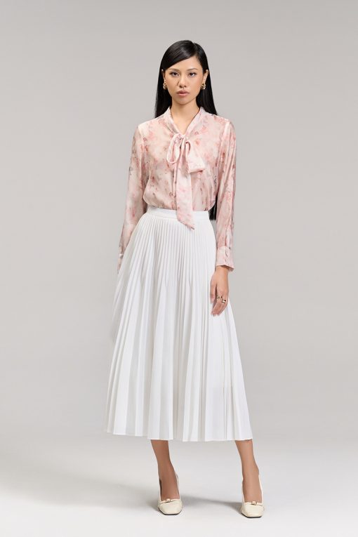 Sơ mi DT suông hoạ tiết cổ buộc nơ