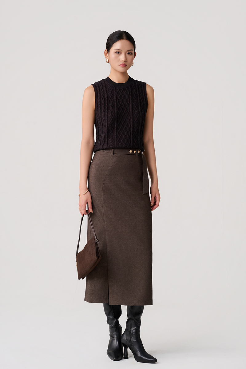 Chân váy dài đai rơi, đính cúc