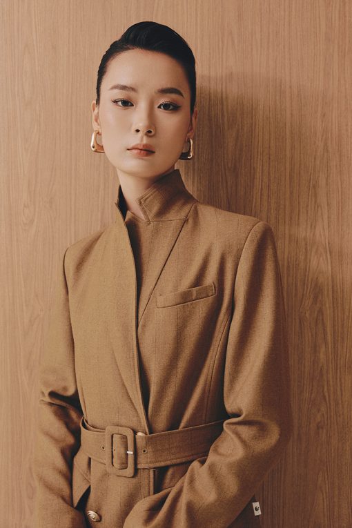 Áo khoác dài dáng suông cổ vest 2 hàng cúc